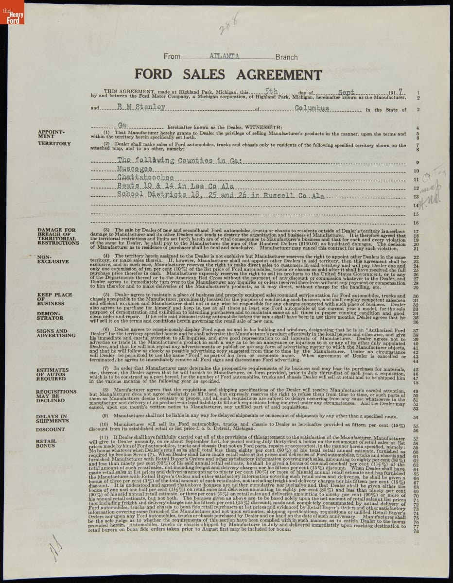 Ford Sales Agreement for R.M. Stanley, Columbus, Georgia, September 5, 1917