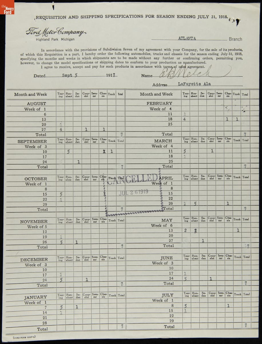 Cancelled Requisition Form for E.B. Welch, Lafayette, Alabama, July 26, 1919
