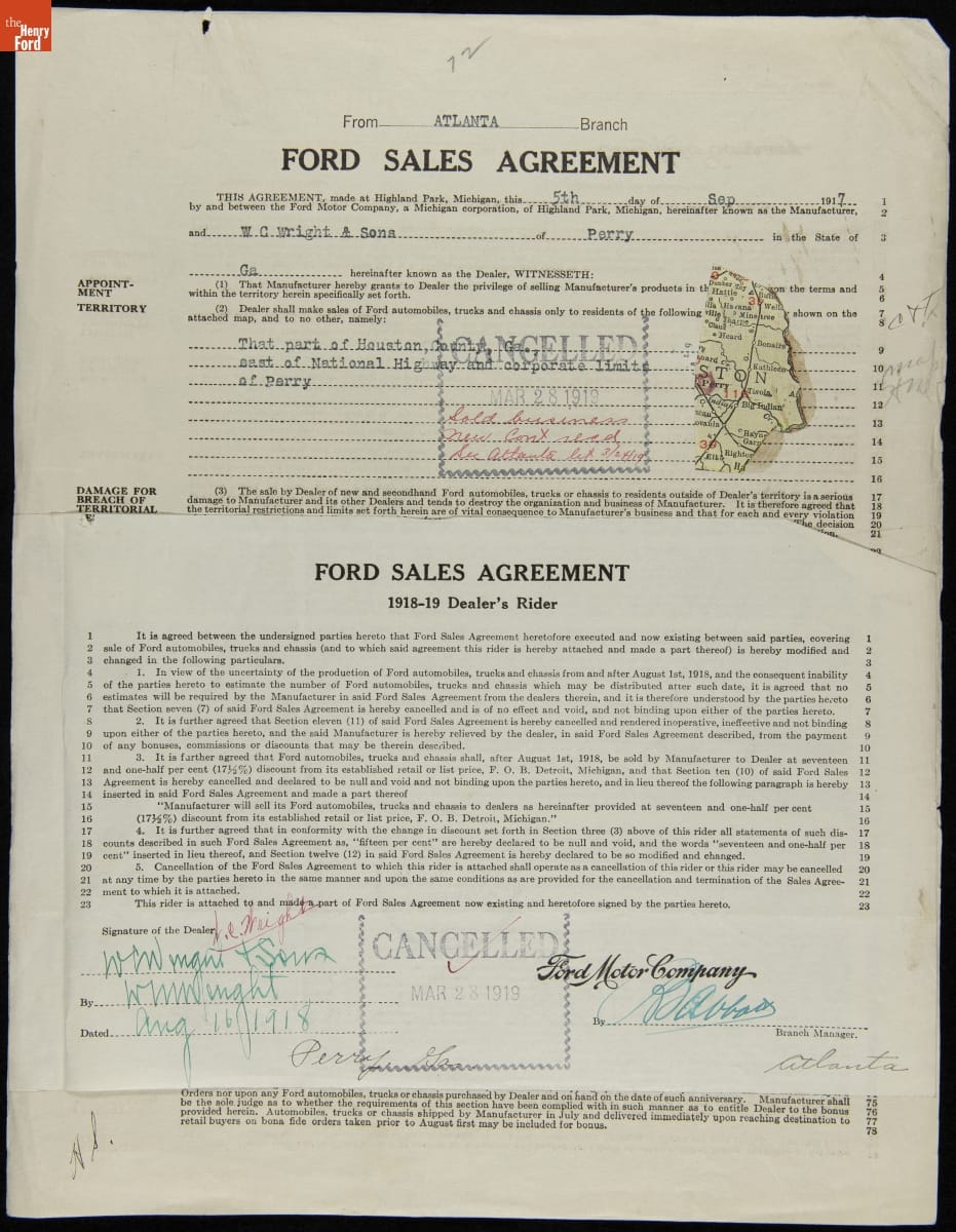 Cancelled Ford Sales Agreement for W.C. Wright and Sons, Perry, Georgia, March 28, 1919