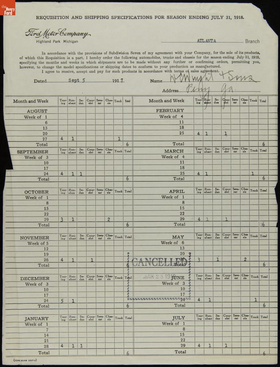 Cancelled Requisition Form for W.C. Wright and Sons, Perry, Georgia, March 28, 1919