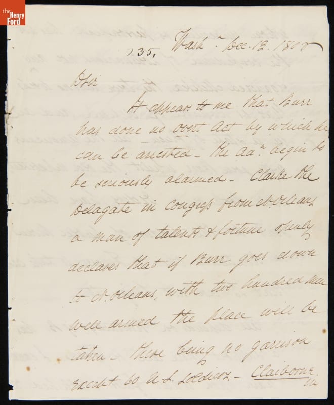 Letter from Killian Van Rensselaer, December 13, 1806, concerning Aaron Burr
