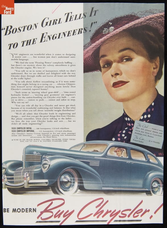 1939 Chrysler Automobile Advertisement, "Boston Girl Tells It To The Engineers!"