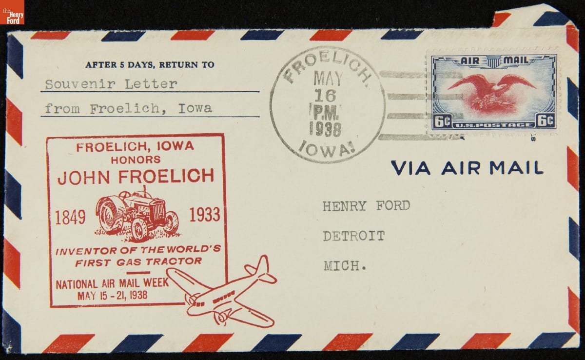 Envelope Sent by Air Mail to Henry Ford from Froelich, Iowa for National Air Mail Week, May 1938