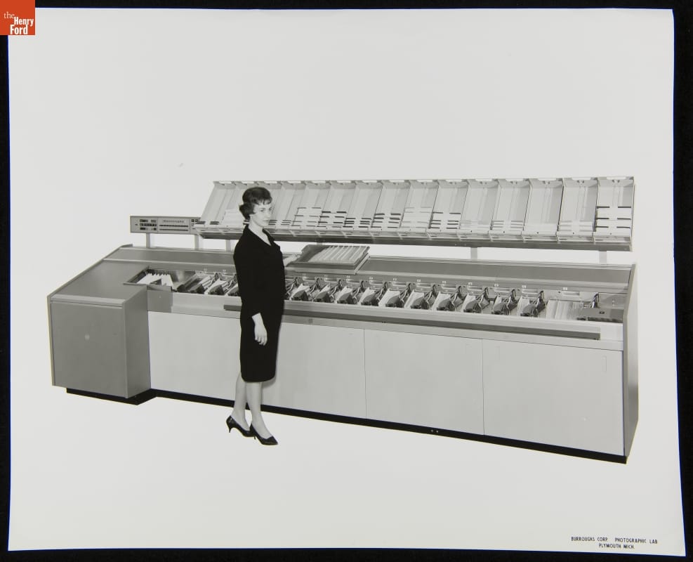 Woman with Burroughs Corporation Offfice Equipment, April 1964
