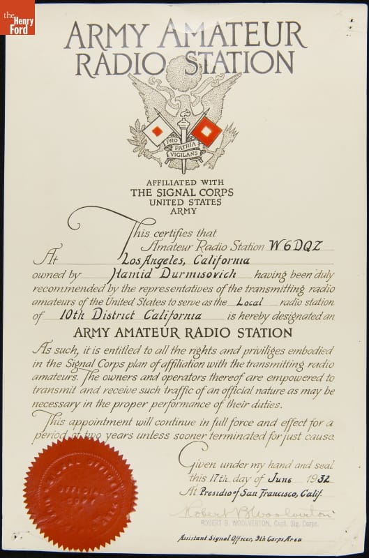 Army Amateur Radio Station Certificate for W6DQZ, June 17, 1932