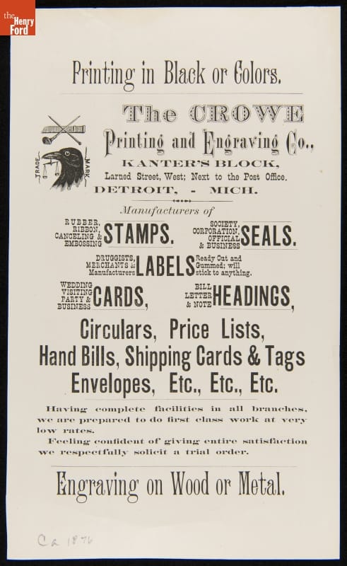 "The Crowe Printing and Engraving Co.," Detroit, Michigan, circa 1876