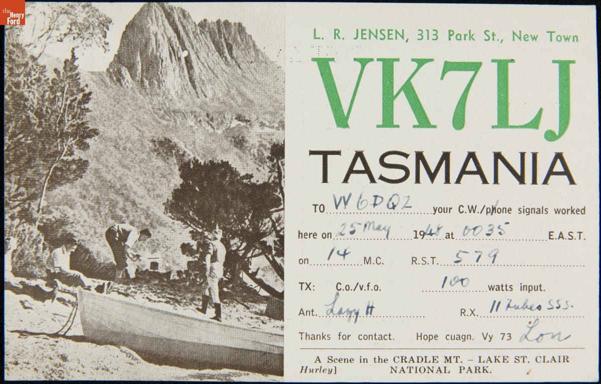 QSL Card from VK7LJ (L.R. Jensen, Tasmania) to W6DQZ (Hamid Durmisevich, Los Angeles, California), May 25, 1948