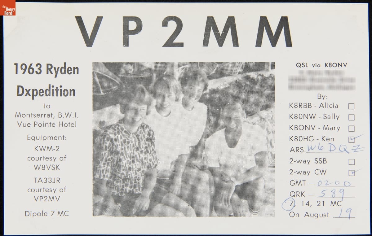 QSL Card from S. Mary Ryden's Dxpedition using Call Sign VP2MM (Montserrat, B.W.I.) to W6DQZ (Hamid Durmisevich, Los Angeles, California), August 19, 1963