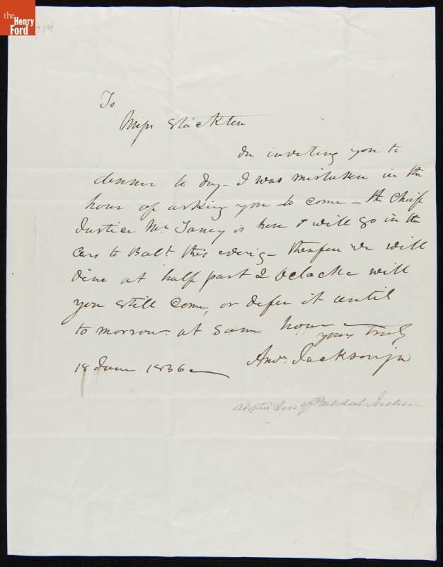 Letter from Andrew Jackson, Jr. to Miss Stockton regarding Dinner with Chief Justice Taney, June 18, 1836