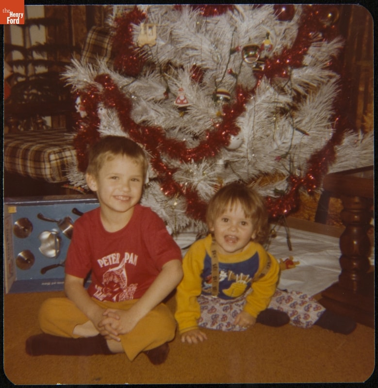 Keith and Becky Sled at Christmas, Simcoe, Ontario, 1978