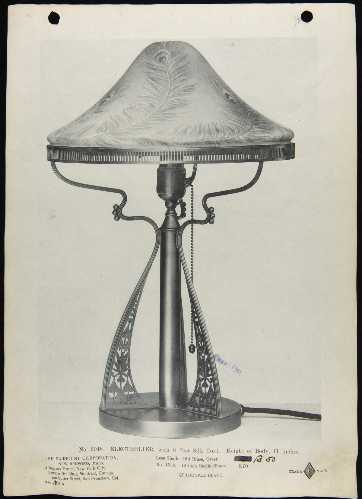 Trade Literature for Pairpoint Electrolier No. 3048, 1899-1907