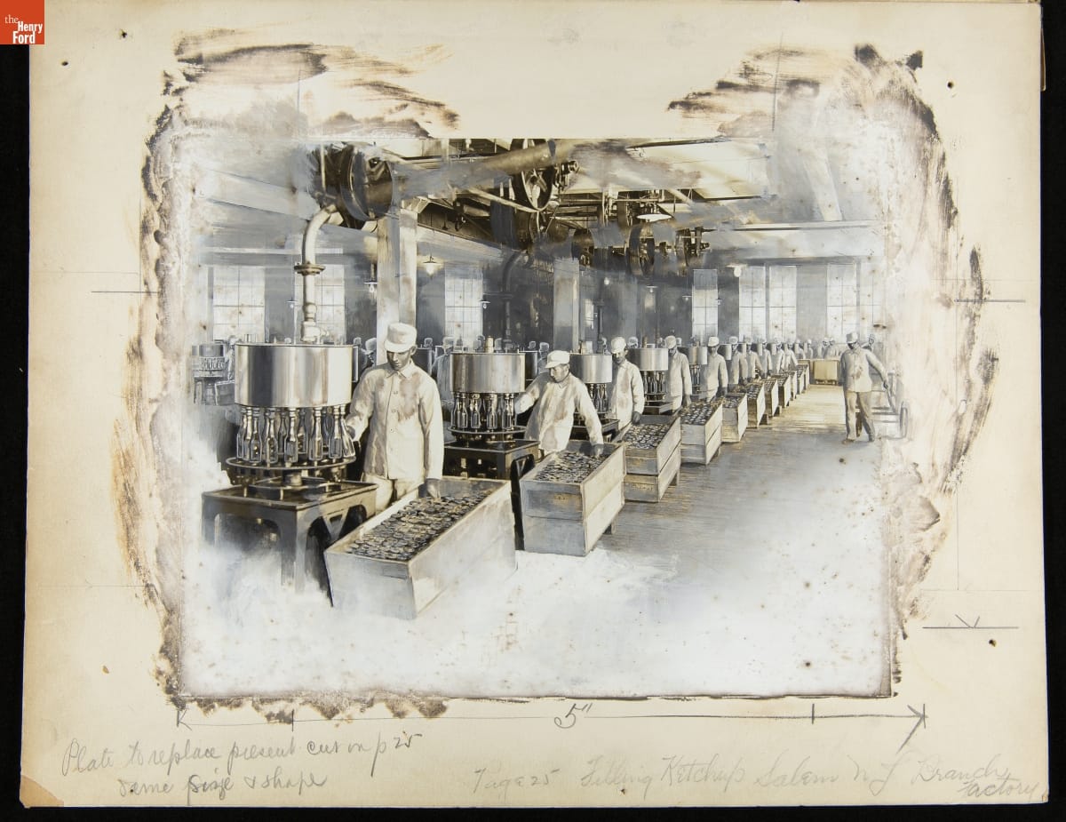 Advertising Layout Photograph of Employees Filling Ketchup Bottles at the Heinz Company Branch in Salem, New Jersey, December 3, 1913