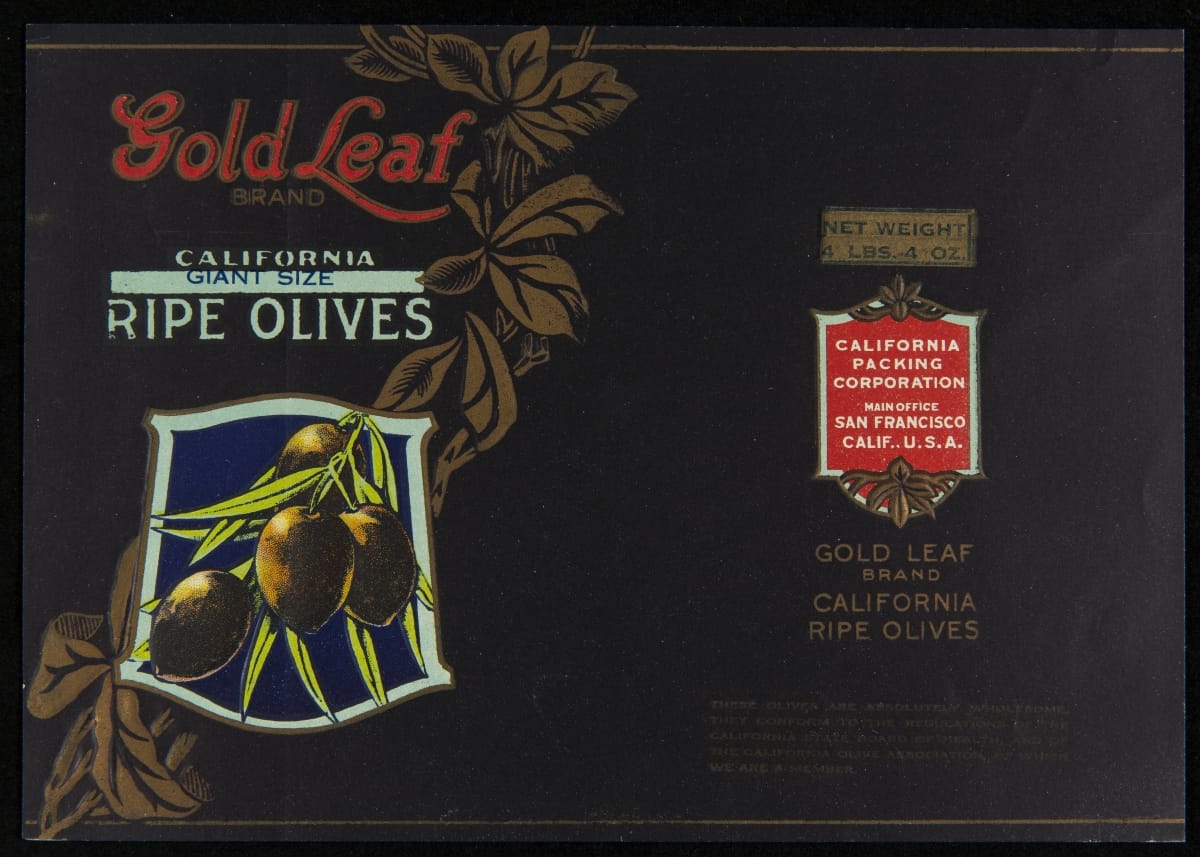 Can Label, "Gold Leaf Brand Giant Size California Ripe Olives," circa 1920
