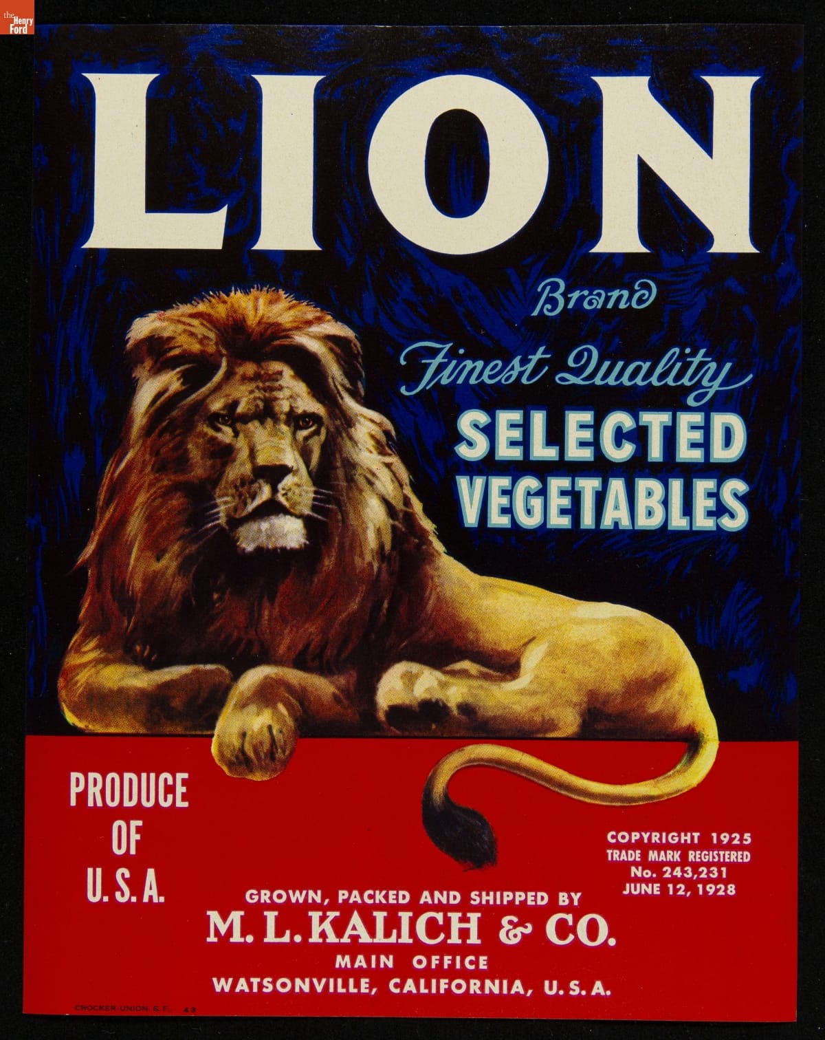 Crate Label, "Lion Brand Vegetables," 1925