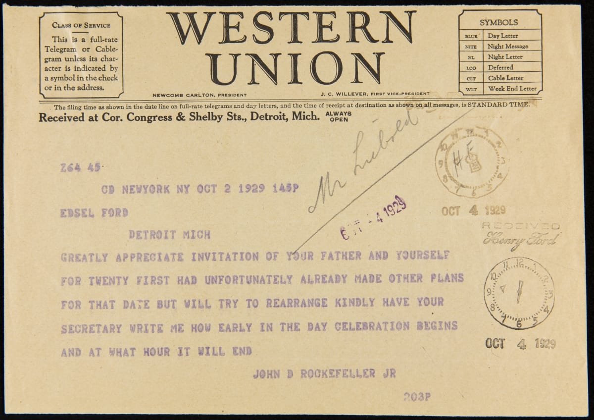 Telegram from John D. Rockefeller, Jr. to Edsel Ford regarding Invitation to Light's Golden Jubilee, October 2, 1929