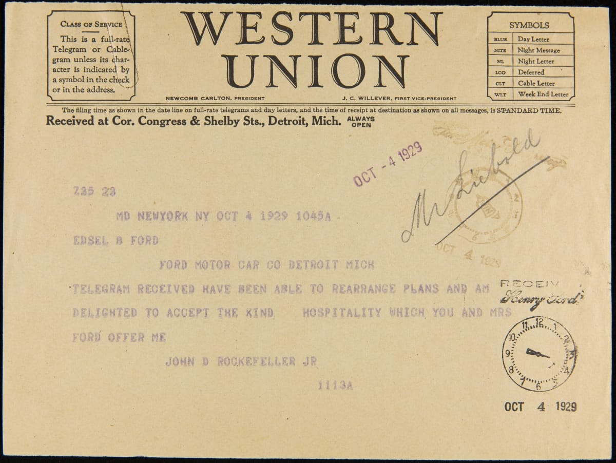 Telegram from John D. Rockefeller, Jr. to Edsel Ford regarding Invitation to Light's Golden Jubilee, October 4, 1929
