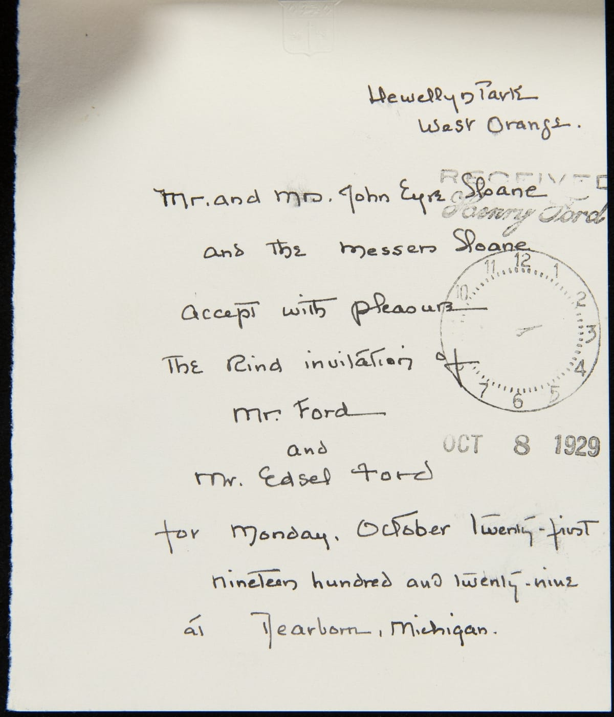 Letter from Mr. and Mrs. John Eyre Sloane to Henry Ford and Edsel Ford regarding Invitation to Light's Golden Jubilee, October 1929