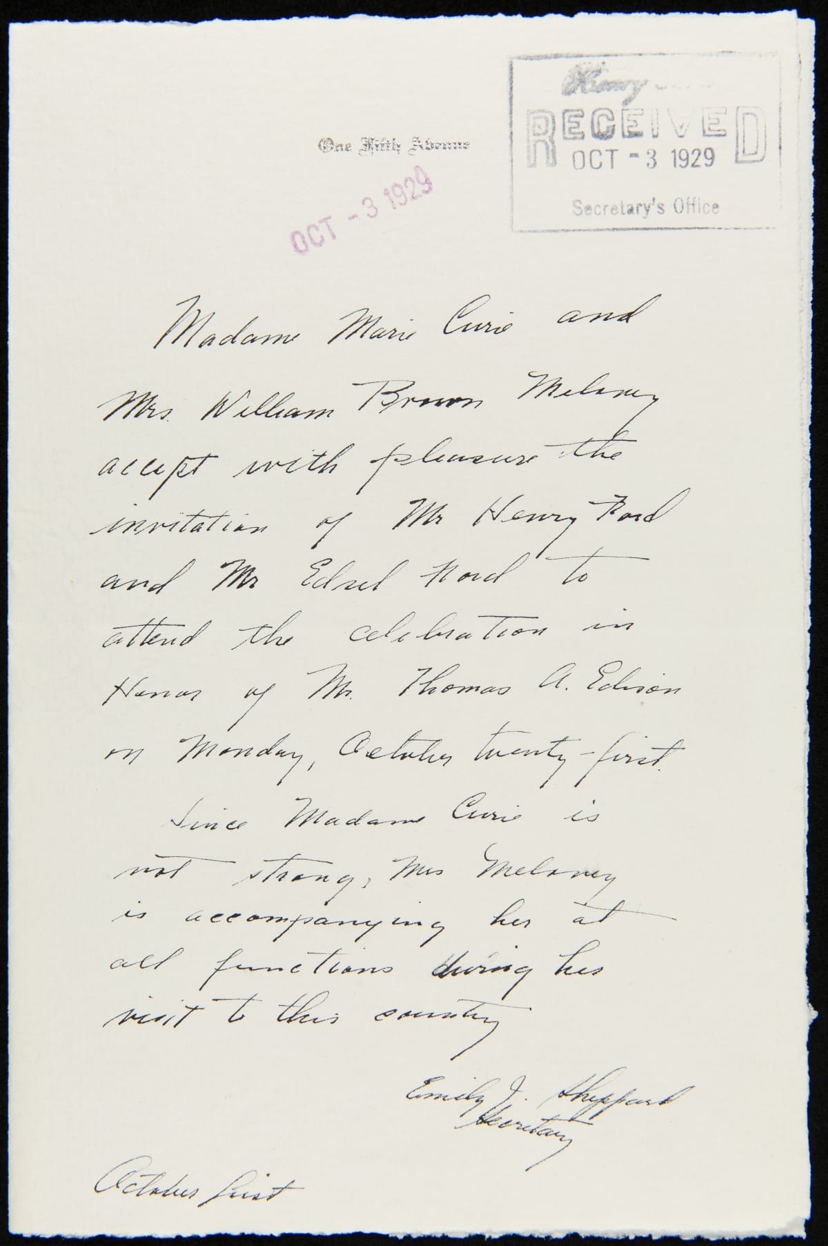 Letter from Emily J. Shepperd (Secretary to Madame Marie Curie) to Henry Ford and Edsel Ford regarding Invitation to Light's Golden Jubilee, October 1, 1929