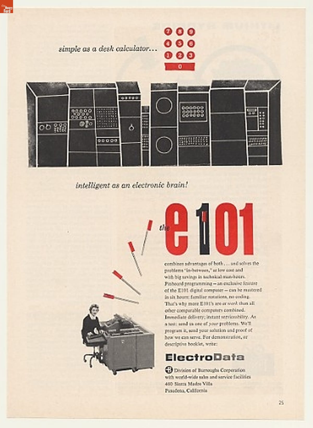 Advertisement for the Burroughs ElectroData E101, circa 1956