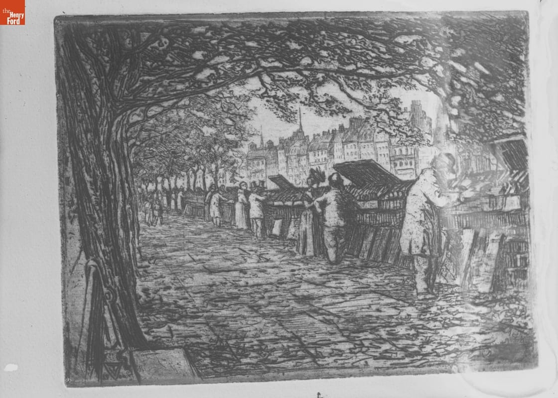 Etchings by Trowbridge, Bookstalls along Seine, 1890-1915