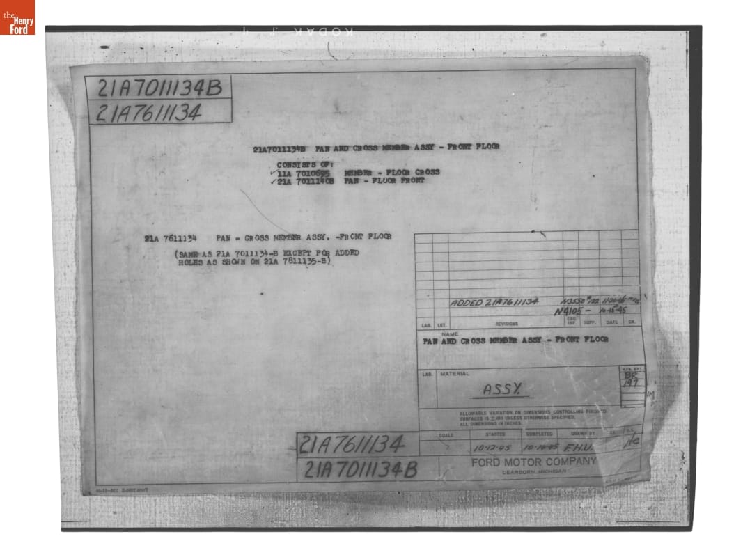 Parts List, "Pan and Cross Member Assembly Front Floor," Ford Automobile, November 20, 1946
