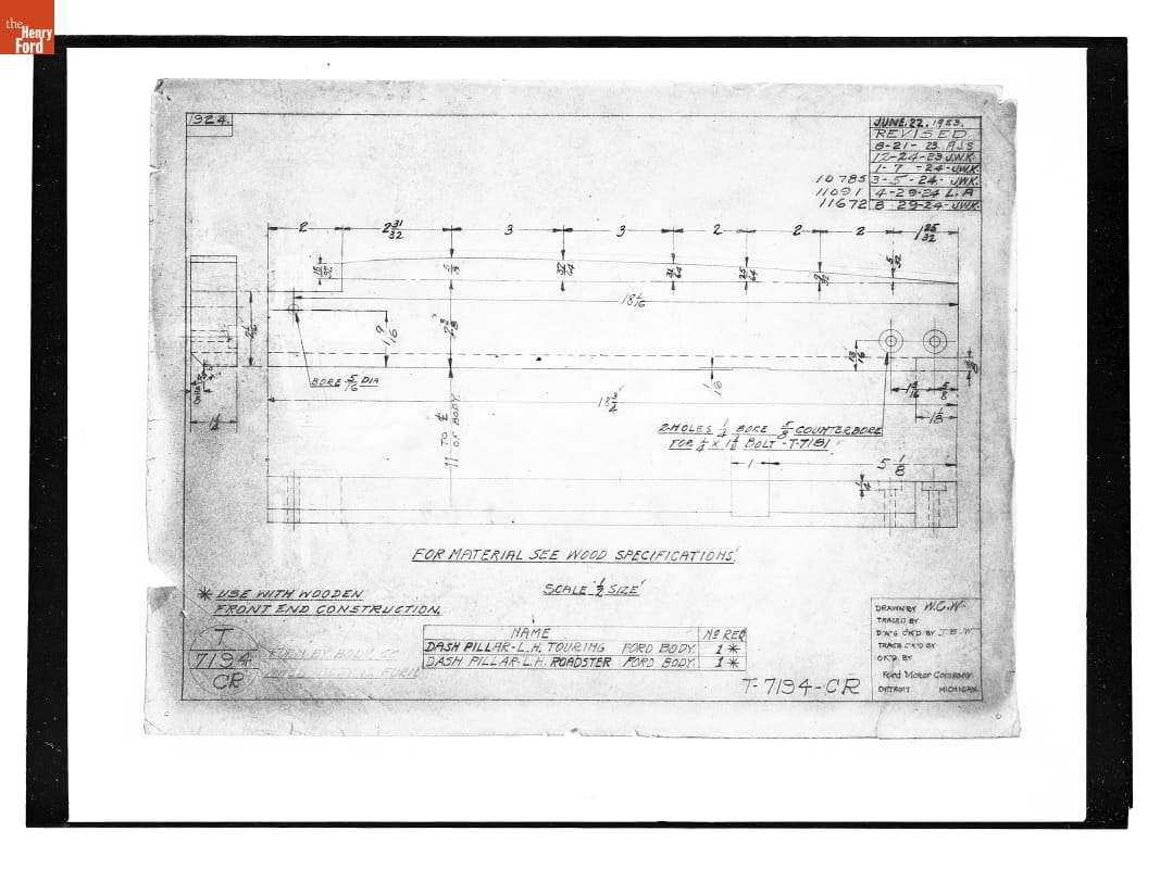 Drawing, "Dash Pillar - L.H.," Ford Model T, August 29, 1924