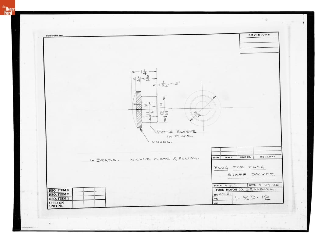 Drawing, "Plug for Flag Staff Socket," Used with Boat Evangeline, April 24, 1925