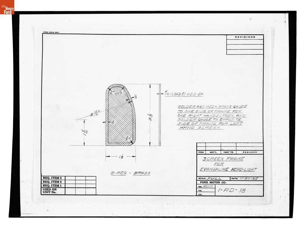 Drawing, "Screen Frame for Evangeline Head-Light," Used with Boat Evangeline, November 30, 1925