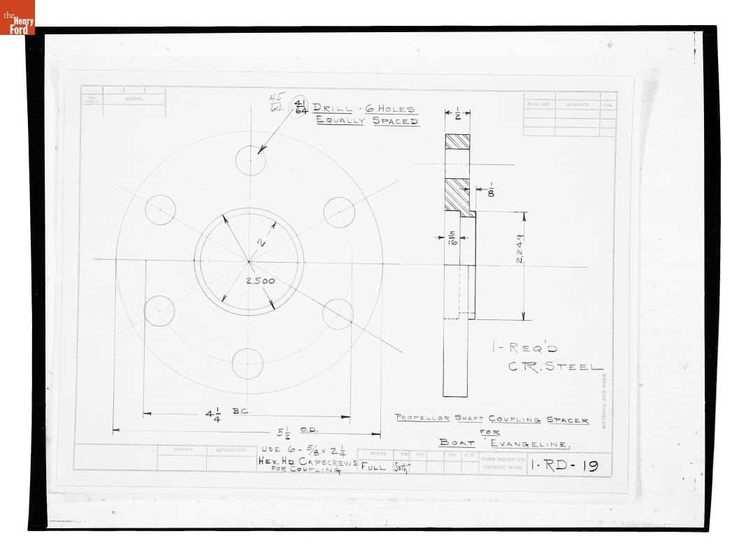 Drawing, "Propellor Shaft Coupling Spacer for Boat Evangeline," 1924-1927