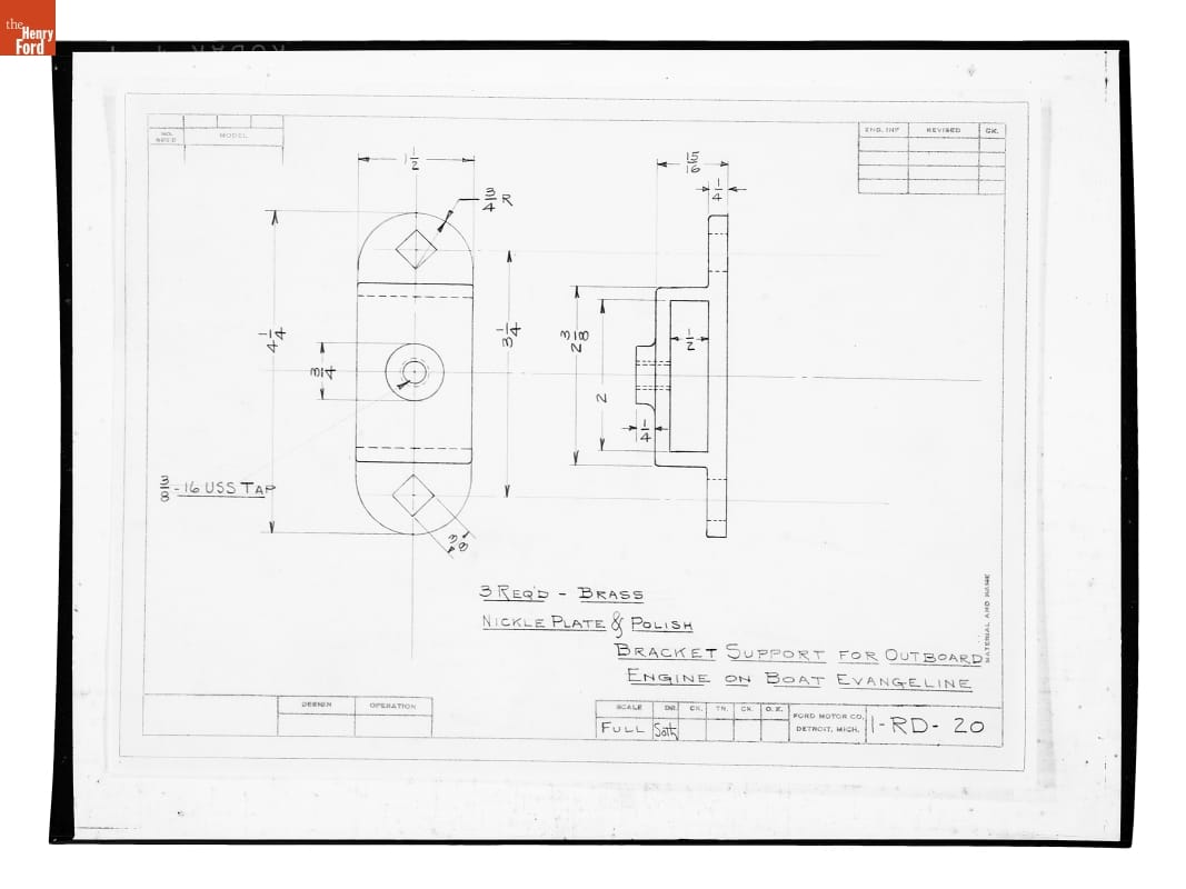 Drawing, "Bracket Support for Outboard Engine on Boat Evangeline," 1924-1927