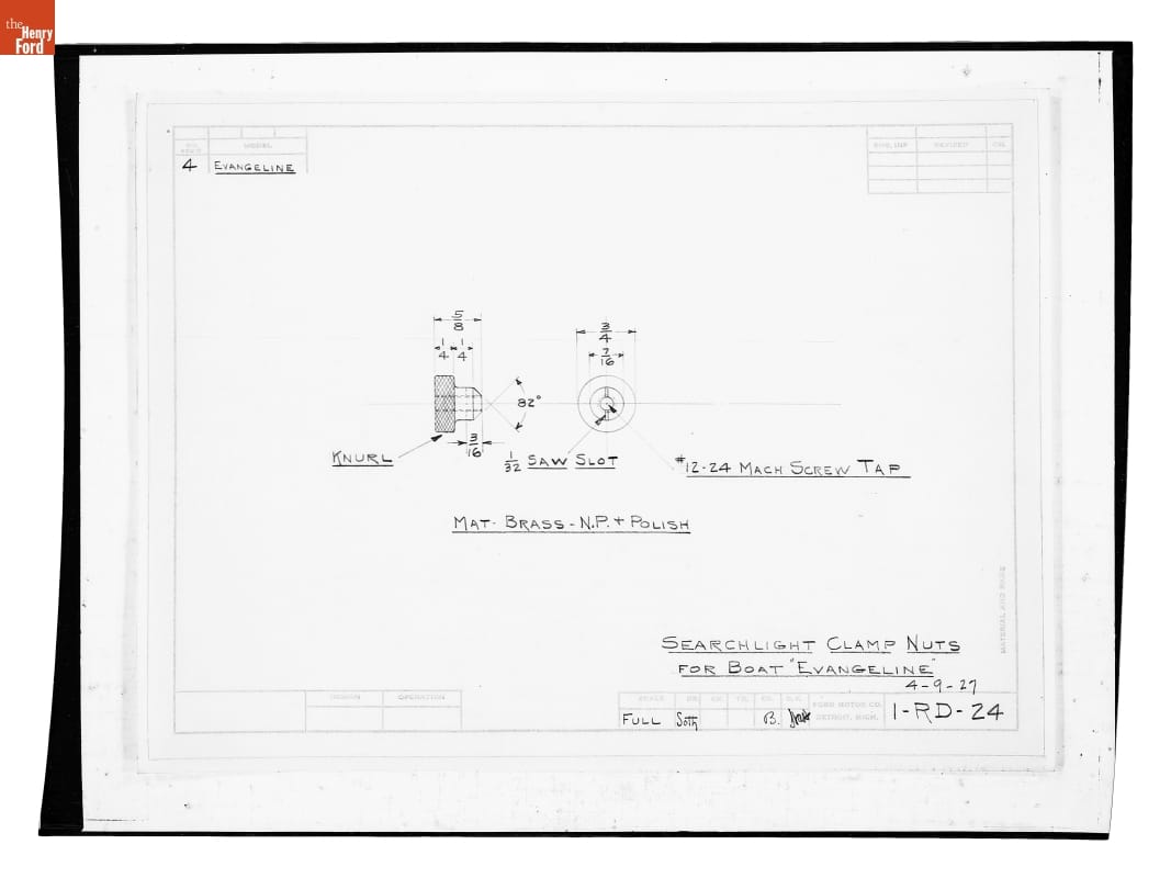 Drawing, "Searchlight Clamp Nuts for Boat Evangeline," April 9, 1927