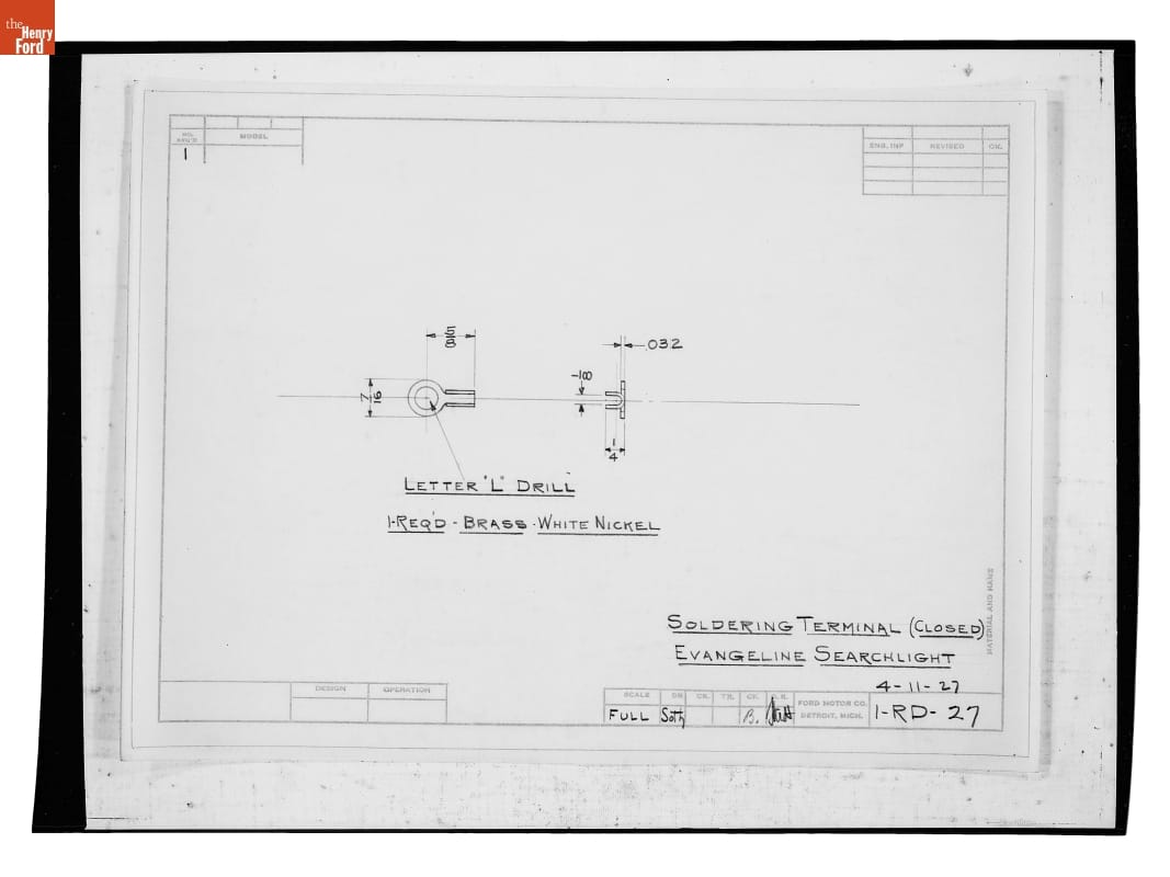 Drawing, "Soldering Terminal (Closed) Evangeline Searchlight," April 11, 1927