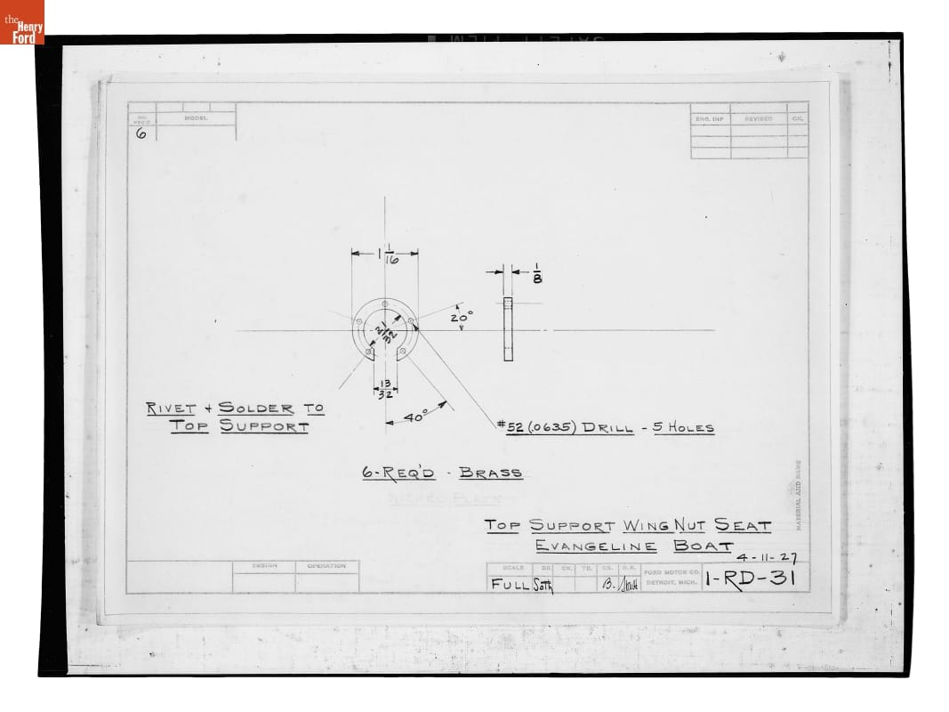 Drawing, "Top Support Wing Nut Seat Evangeline Boat," April 11, 1927