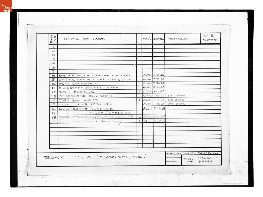 Drawing, "Boat 111-A Evangeline Index Sheet," May 12, 1926