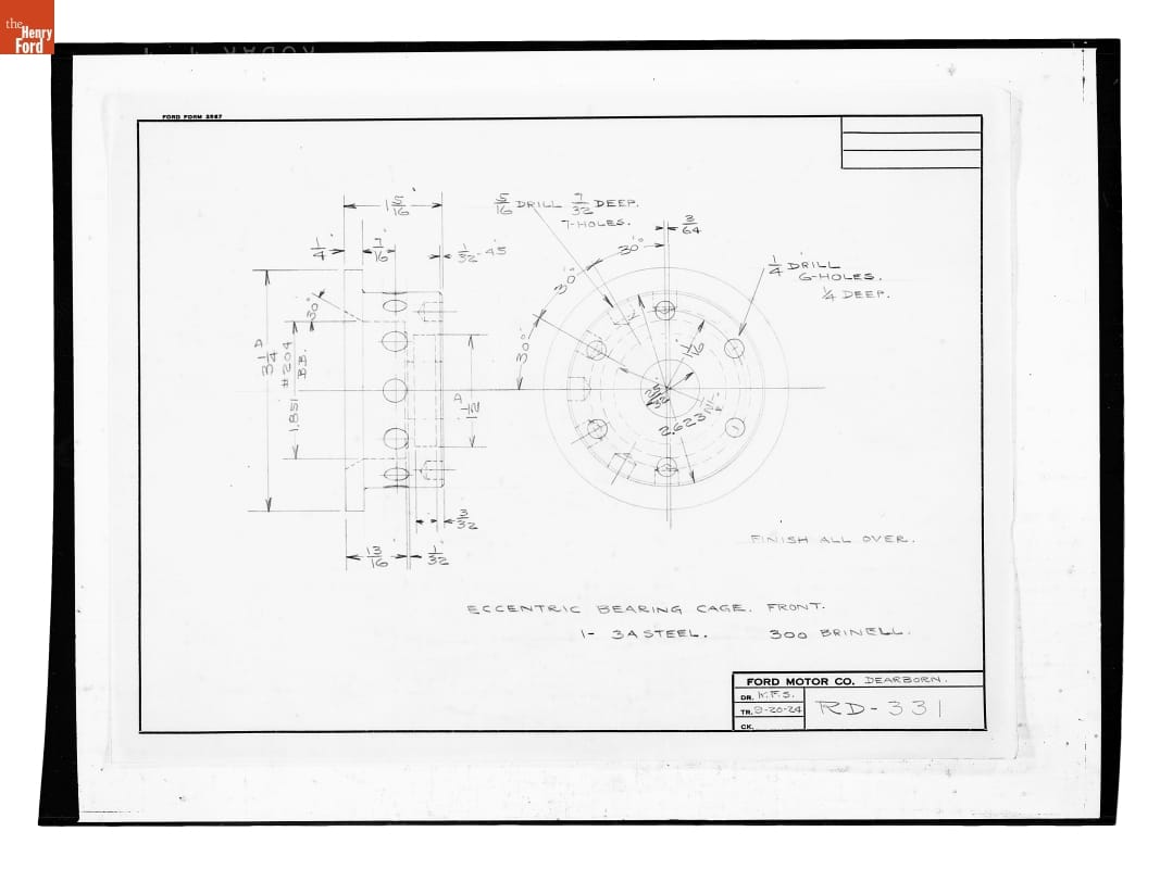Drawing, "Eccentric Bearing Cage, Front," Used with Boat Evangeline, September 20, 1924