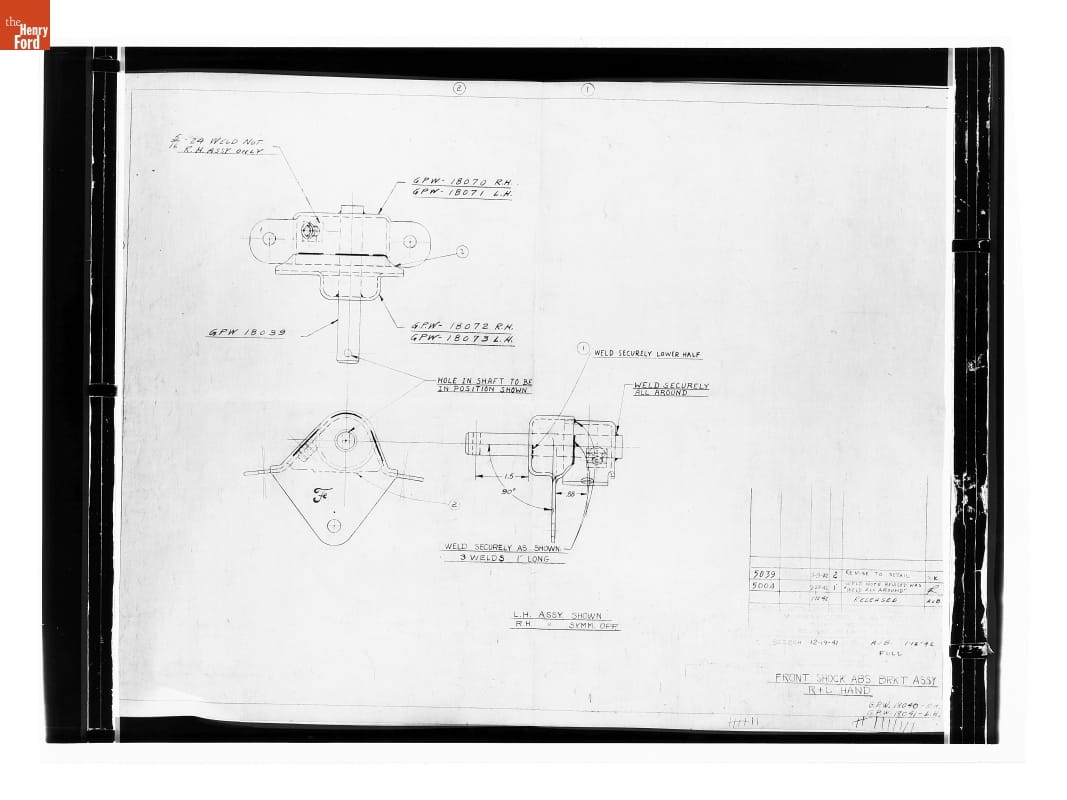 Drawing, "Front Shock Abs Brkt AssemblyR&L Hand," Ford GPW, March 9, 1942
