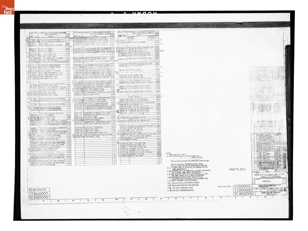 Parts List, "Body Assembly - Closed Cab Comp. Painted & Trimmed," Sheet 2 of 2, Ford Automobile, July 24, 1950