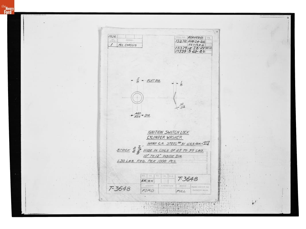 Drawing, "Ignition Switch Lock Cylinder Washer," Ford Model T, May 20, 1926