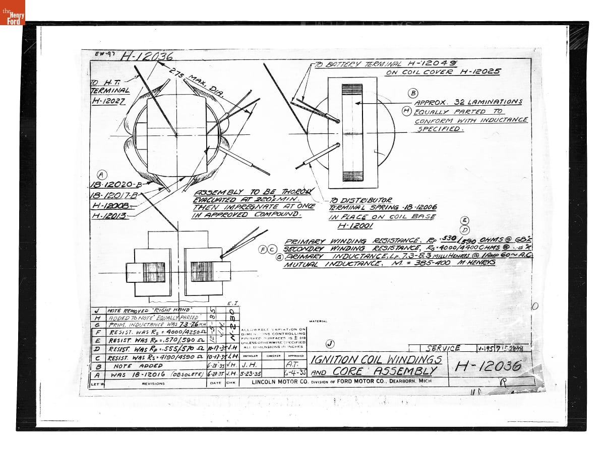 Drawing, "Ignition Coil Windings and Core Assembly" Lincoln Automobile, December 5, 1935