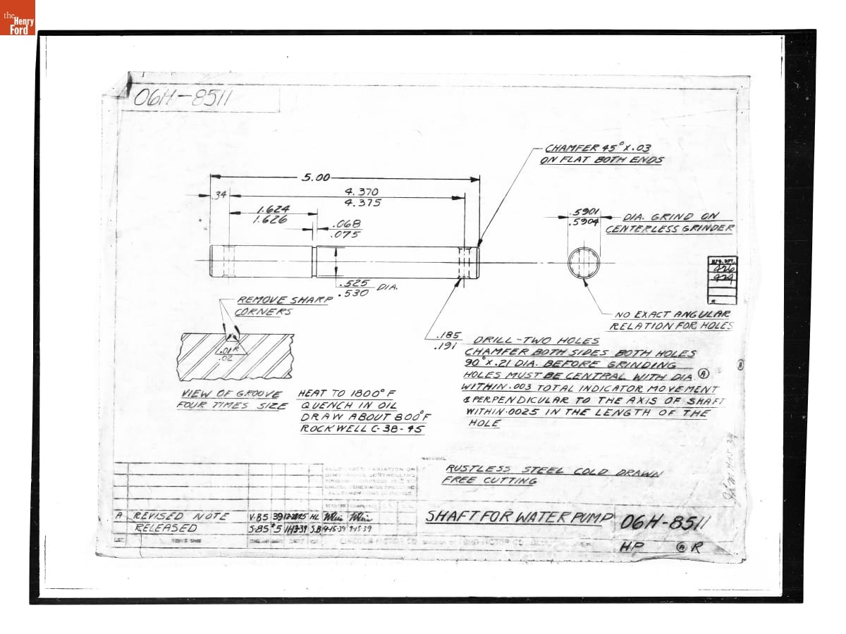 Drawing, "Shaft for Water Pump," Lincoln Automobile, December 28, 1945