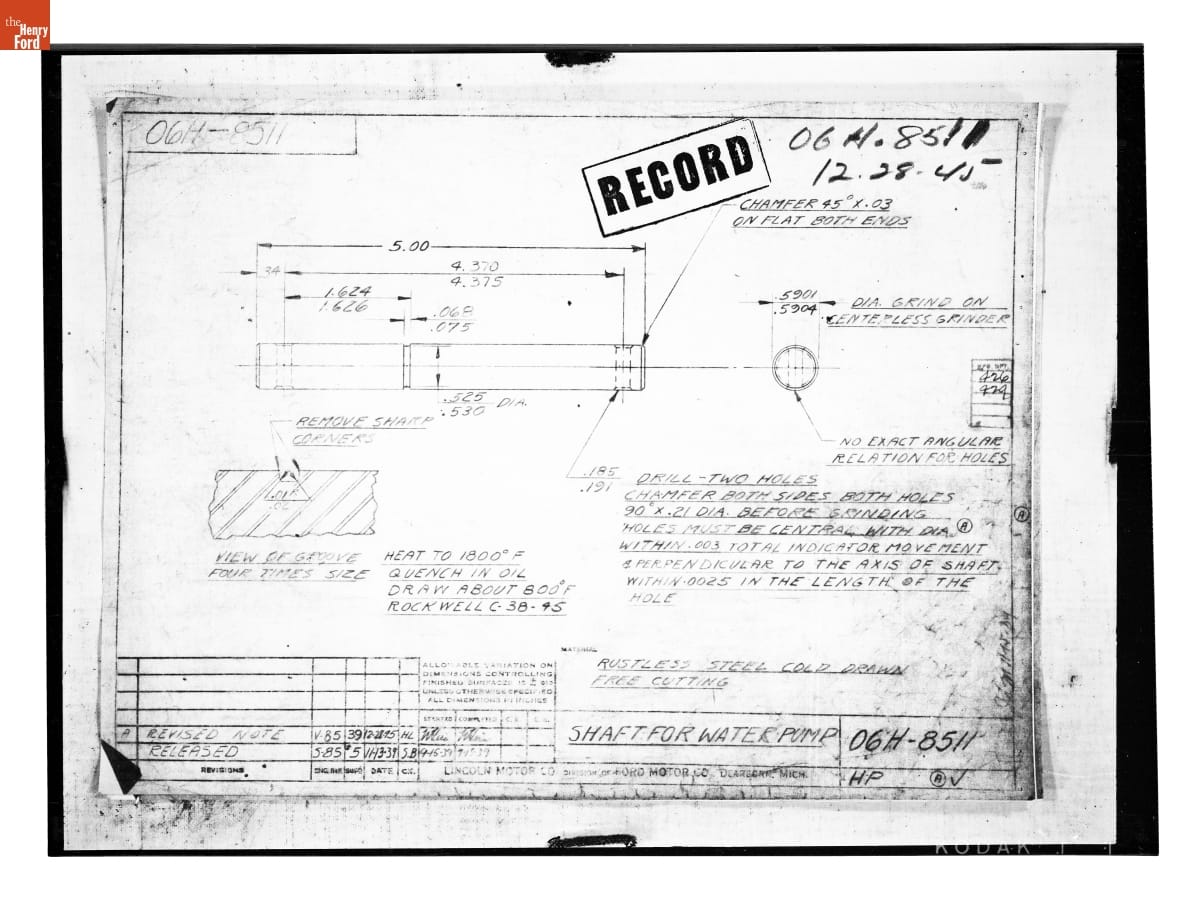 Drawing, "Shaft for Water Pump," Lincoln Automobile, December 28, 1945