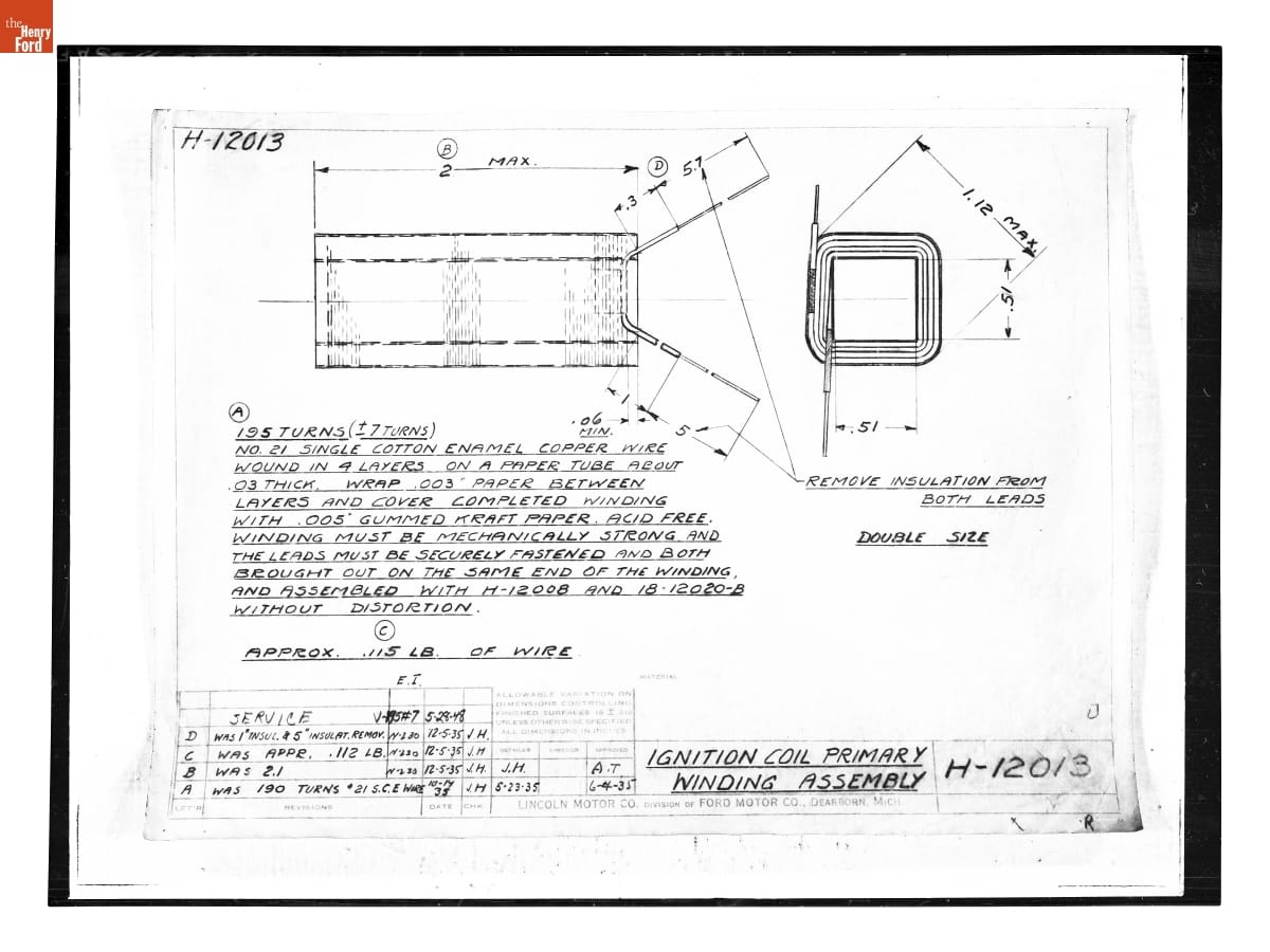 Drawing, "Ignition Coil Primary Winding Assembly" Lincoln Automobile, May 28, 1948