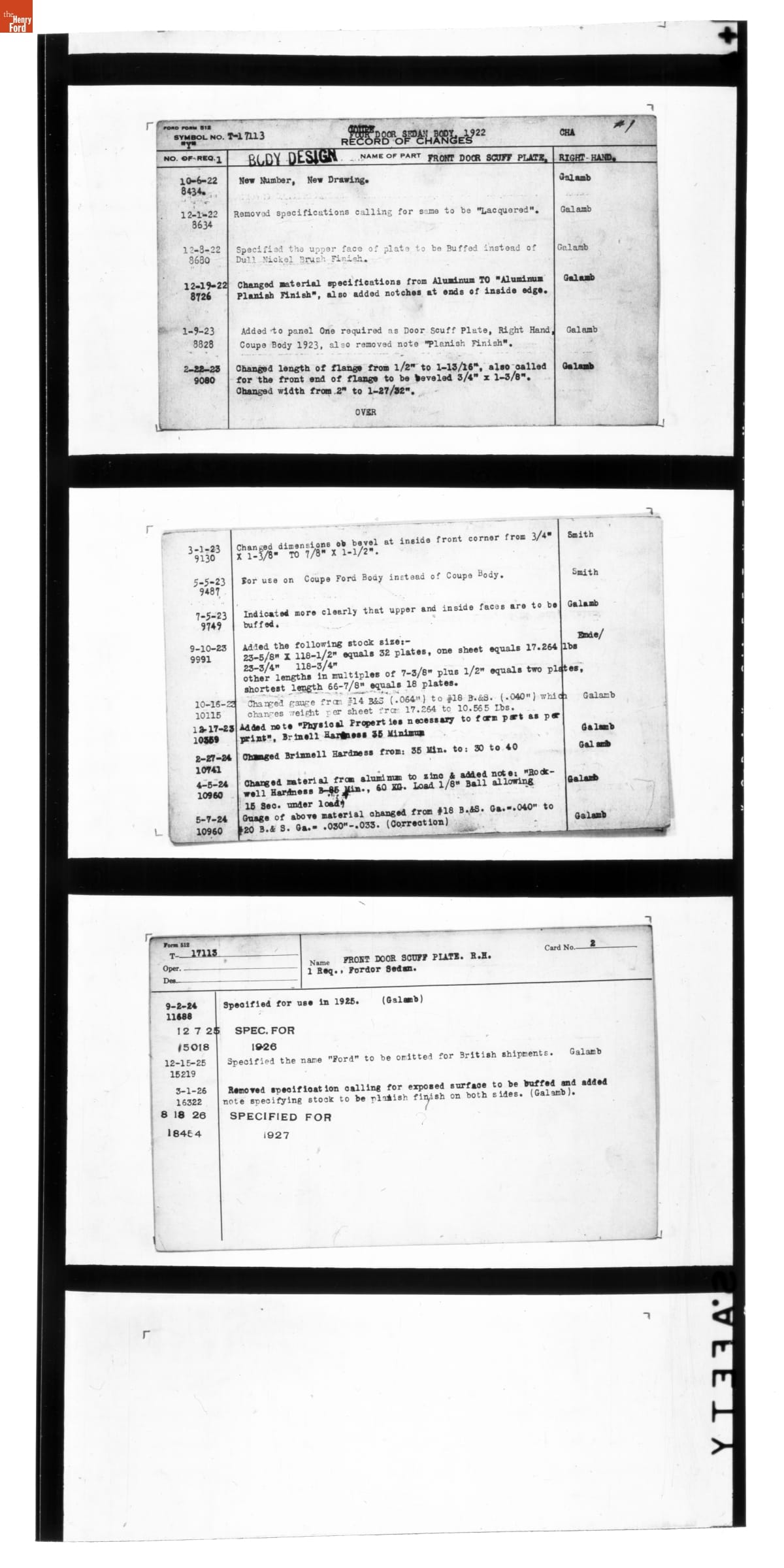 Engineering Release Notes, Front Door Scuff Plate, Right Hand, Ford Model T, 1922-1926
