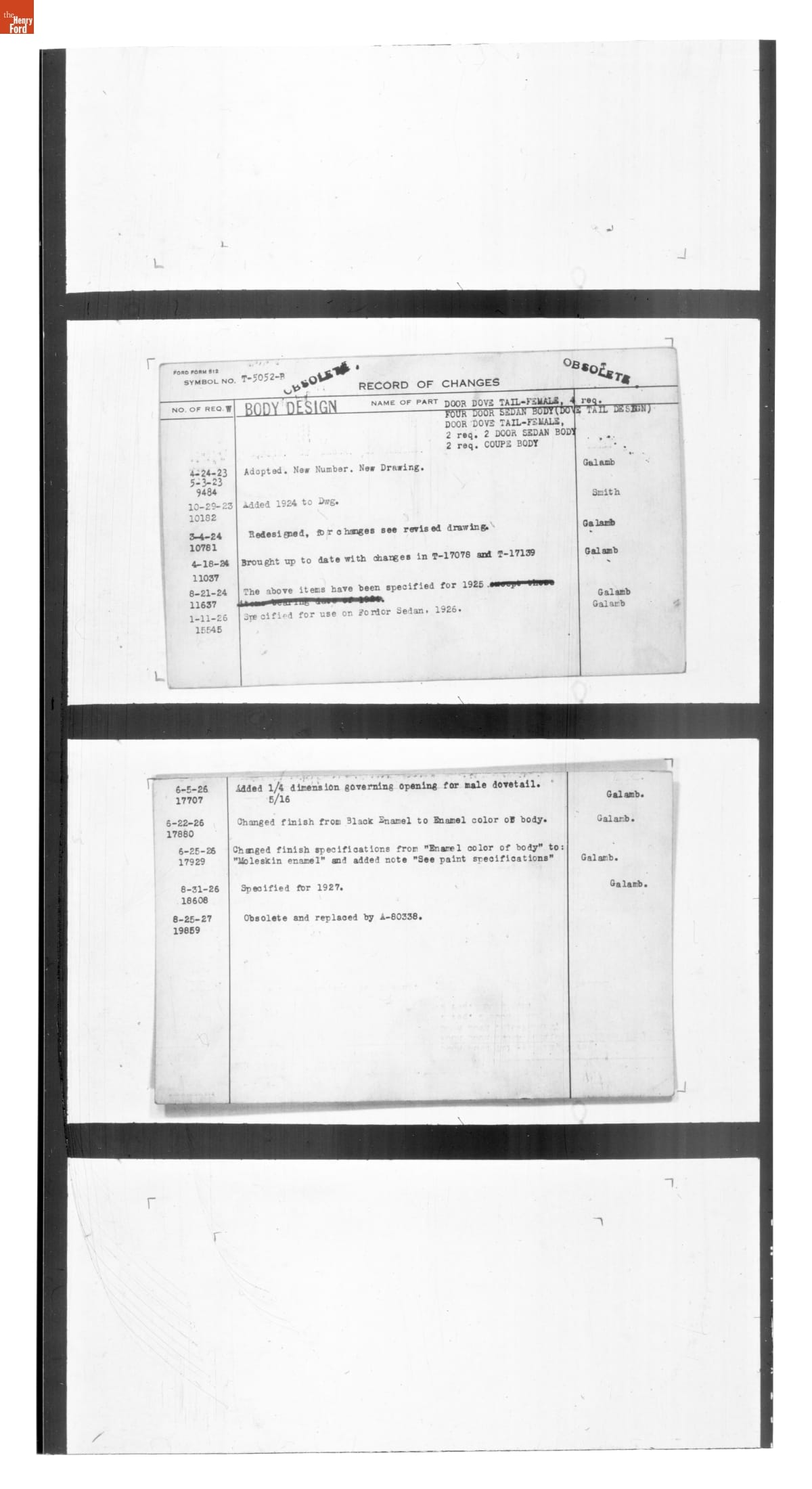 Engineering Release Notes, Door Dove Tail - Female, Ford Model T, 1923-1927