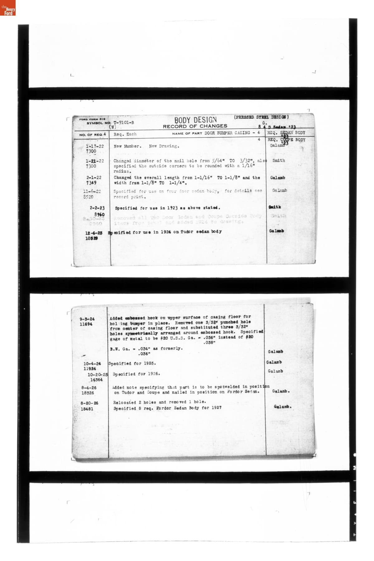Engineering Release Notes, Door Bumper Casing, Ford Model T, 1922-1926