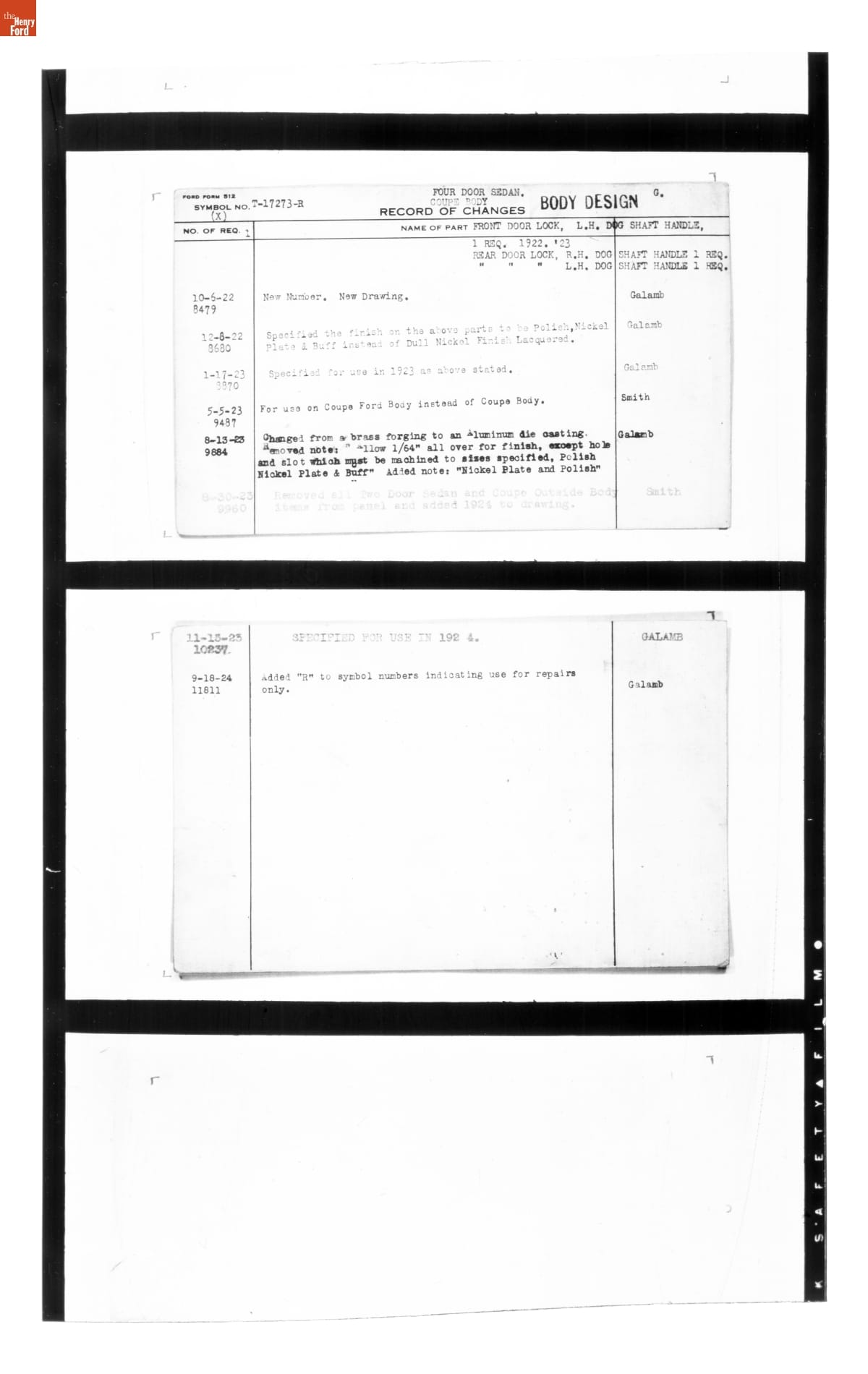 Engineering Release Notes, Door Lock Dog Shaft Handle, Ford Model T, 1922-1924