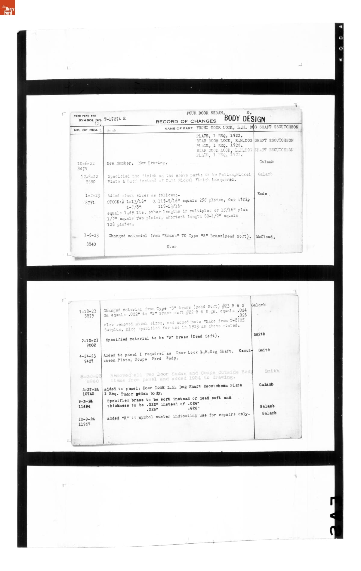 Engineering Release Notes, Door Lock Dog Shaft Escutcheon, Ford Model T, 1922-1924