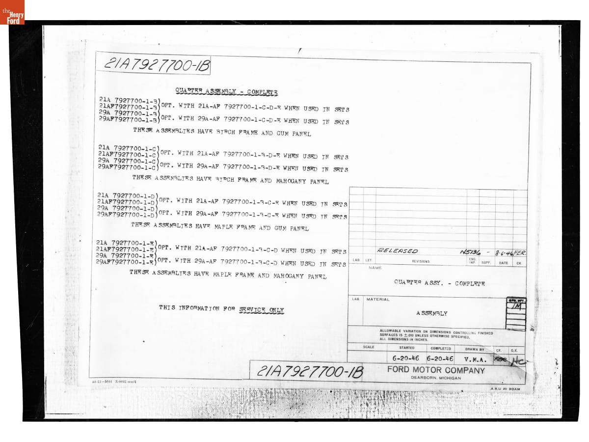 Parts List, "Quarter Assembly - Complete," Ford Automobile, August 6, 1946