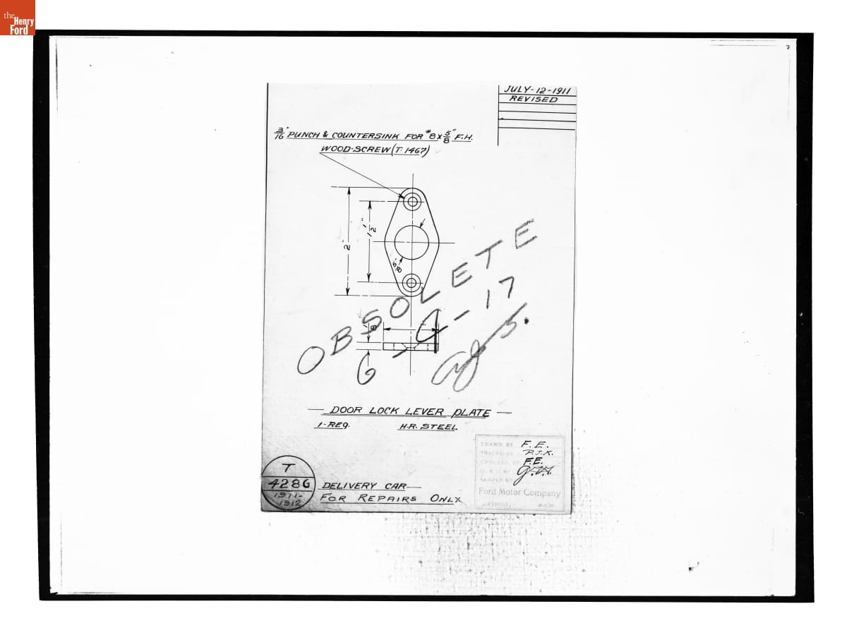 Drawing, "Door Lock Lever Plate," 1911-1912 Ford Model T Delivery Car, July 12, 1911