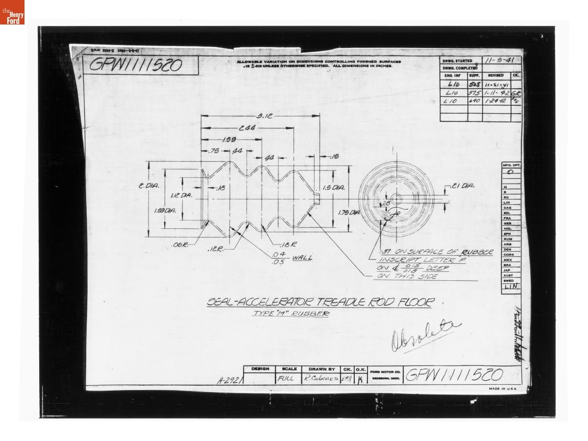 Drawing, "Seal - Accelerator Treadle Rod Floor," Ford GPW, January 24, 1942